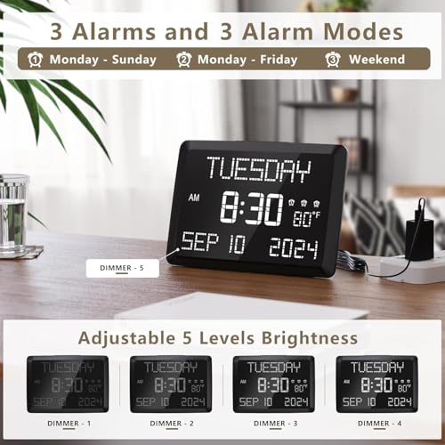Raynic Digital Clock, 11.5" Large Display Calendar Clock with Day and Date, Indoor Temperature, Adjustable Brightness, Snooze,12/24H, DST for Home, Office, Elderly