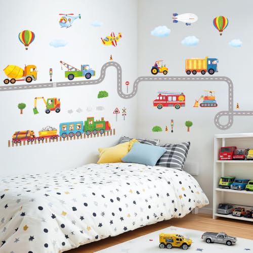 DECOWALL SG2-2107 Construction Transportation Wall Decals Car Truck Tractor Road Stickers for Kids Boys Living Room Decor Bedroom Playroom Nursery Peel and Stick Removable