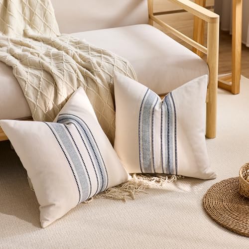 Striped Linen Textured Throw Pillow Covers 18x18 Inch Set of 2,Boho Decorative Cushion Covers, Neutral Navy Blue Accent Pillowcases for Couch, Sofa, Bed Farmhouse & Modern Living Room Decor