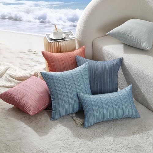 VAKADO Outdoor Chenille Pillow Covers 18x18 Set of 2,Waterproof UV Fade Resistant Stripe Patio Pillow Cushion Covers for Furniture Decorative Porch Couch Throw Pillow Cases for Garden Bench Blue