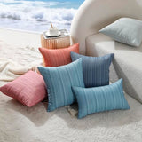 VAKADO Outdoor Chenille Pillow Covers 18x18 Set of 2,Waterproof UV Fade Resistant Stripe Patio Pillow Cushion Covers for Furniture Decorative Porch Couch Throw Pillow Cases for Garden Bench Blue