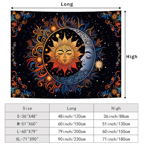 Apdidl Hippie Sun and Moon Tapestry Wall Hanging for Bedroom Aesthetic, Boho Bohemian Hippy Mystic Floral Tapestries, Mandala Floral Backdrop Decor for Living Room Dorm (51"X60")