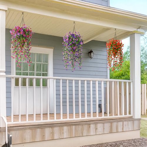 Artificial Hanging Flowers for Outdoors, 2 Pcs Fake Hanging Plants Spring Summer Decor, UV Resistant No Fade Faux Silk Daisy Flower for Planters Front Door Porch Patio Yard Garden(Double Purple)