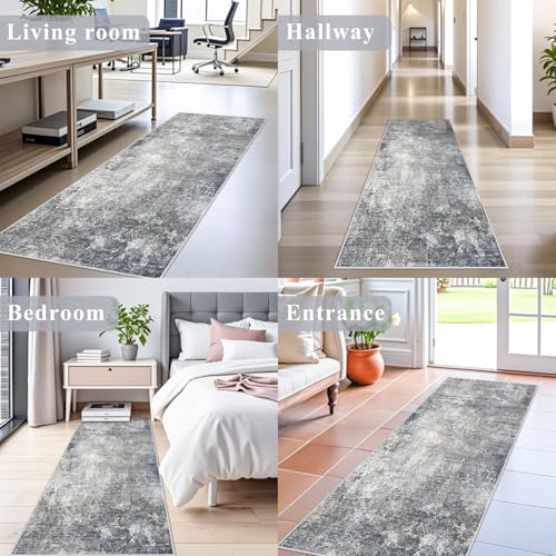 2x8 Washable Non-Slip Hallway Runner Rug – Modern Coastal Abstract Neutral Stain-Resistant Low-Pile Carpet Runner for Kitchen Entryway Bedroom Bathroom (Blue Gray,2x8)
