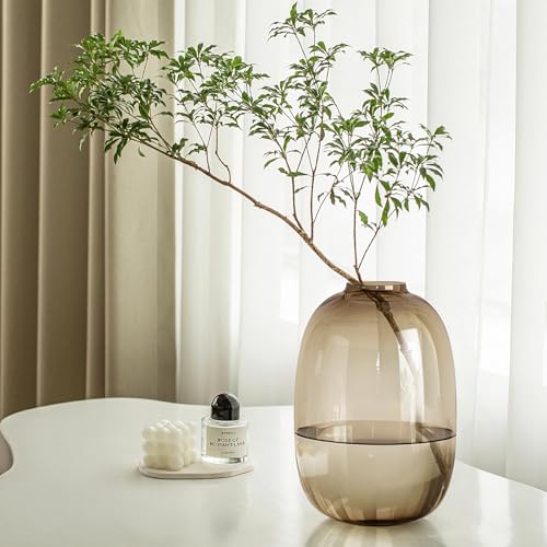 GeLive Brown Glass Vase Round Clear Colored Flower Vase for Centerpiece Long Stem Branch Fresh Artificial Plant Bottle Modern Home Indoor Decoration (Brown)