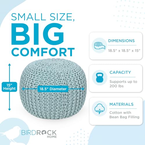 BIRDROCK HOME Round Pouf Ottoman Foot Rest - 18.5”x18.5”x15” Boho Compact Comfortable Soft Cotton Braided Foot Stool with Bean Bag Filling for Living Room, Bedroom, or Nursery (Sage Green)