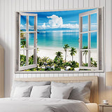 GOURIDA Ocean Beach Tapestry Wall Hanging Blue Sea Tropic Island Paradise Summer Coconut Tree Palm Seaside Window Nature for Bedroom Aesthetic ,61 W x 41 H inch