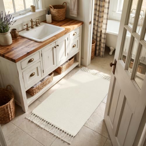 Collive 2' x 4.3' Boho Kitchen Runner Rug, White Washable Bathroom Rug