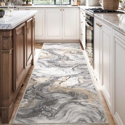 PADOOR Abstract 2'x10' Runner Rug, Washable Non-Slip Low Pile, Marble Grey