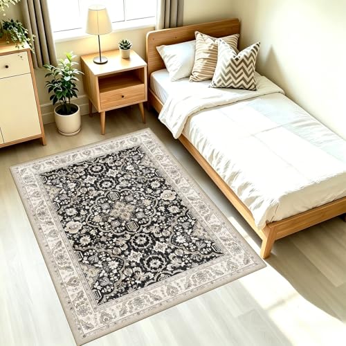 4x5 Machine Washable Area Rug: Low Pile Non Slip Rugs Soft Barefoot Floor Mat for Under Desk Play Area Big Entryway Living Room and Apartment Decor Black Beige