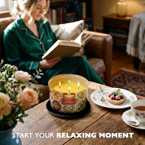 Home Lights 4-Wick Candles for Home Scented - 18oz Soy Wax Candle Long-Lasting Fragrance, Bohemian Natural Textures Home Decor and Housewarming Gifts, Fresh Cut Roses