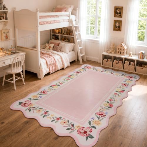 Lahome Girls Bedroom Rug 5x7, Pink Scalloped Floral Area Rug