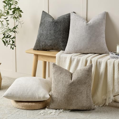 Volcanics Boho Throw Pillow Covers 20x20 Set of 4, Neutral Chenille Decorative Cushion Covers for Couch, Sofa, Bedroom, Living Room, Farmhouse & Mid-Century Modern Home Decor