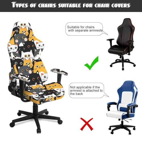 Cartoon Cat Print Gaming Chair Cover with Armrest Covers Stretch Anti Dust Furniture Protector Washable Breathable Gamer Chair Slipcover