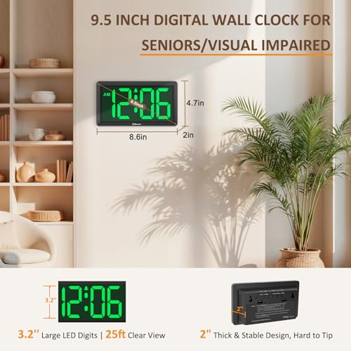 Soobest 9.5 Inch Large LED Digital Wall Clock Battery Operated, Auto & Manual Dimmer Display, Easy to Read 3.2'' Big Digit with Alarm for Seniors, Modern Decor for Living Room, Bedroom, Office (Green)
