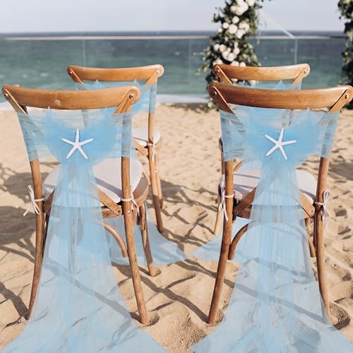 Breling 20 Pcs Coastal Wedding Chair Sashes Light Blue Starfish Beach Chair Covers Bulk 9ft Long Ocean Aisle Decorations for Outdoor Summer Seaside Wedding Party Banquet Reception