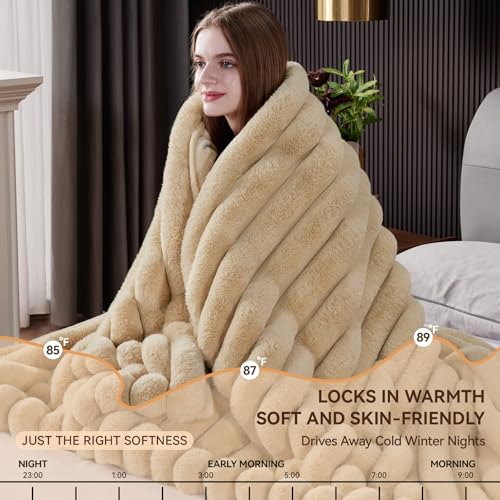 Faux Fur Throw Blanket, Thick 1000GSM Fluffy Cozy Throw Blankets for Bed, Luxury Plush Striped Warm Soft Blanket for Couch LivingRoom Home Decor & Gifts(50"x 70", Beige)