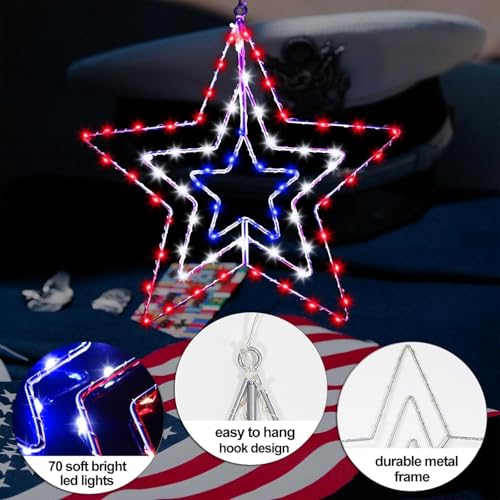 250 Anniversary Patriotic Decorations, Red White and Blue Memorial Day Decor Star Lights, Timer 14.2In Iron Frame 70Led Fairy Star Lights, 8 Mode with Remote Window Wall Silhouette for Home
