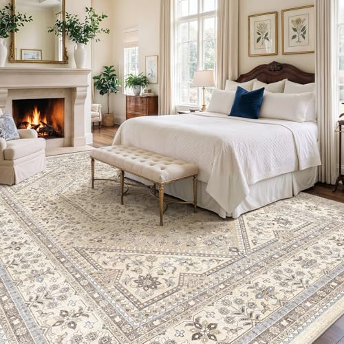 12x18 Washable Area Rug for Living Room - Non-Slip Vintage Rugs Beige Gray