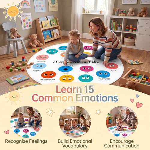 Breling 4ft Round Calming Corner Classroom Rug Feelings Chart Emotion Mat for Kids Large Soft Washable Non Slip Sensory Carpet for Reading Nook Preschool Homeschool Playroom Sel Learning Area