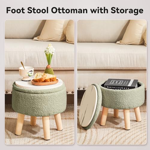 IBUYKE Small Foot Stool Ottoman with Storage, Round, Green