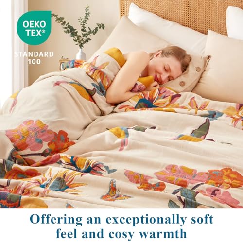 Boho Throw Blanket - 100% Cotton Soft Summer Throw Blanket for Bed, 50"x60" Reversible Breathable Lightweight Blankets, All Seasons Farmhouse Decor Floral Plant Butterfly Throw Quilt