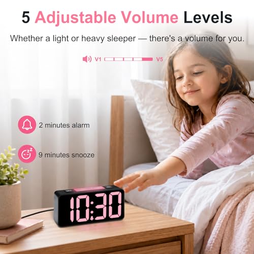 DreamSky Small Digital Alarm Clock with Night Light for Kids Bedroom | RGB Desk Clock with Large Numbers for Teens Boys, Brightness Dimmer, Adjustable Alarm Volume, USB Port, USB-C Adapter Powered