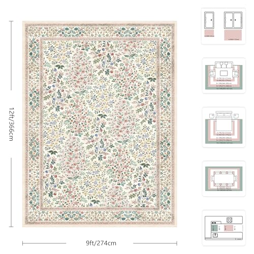 9x12 Area Rugs, Machine Washable Low Pile Floral Rugs for Living Room, Bedroom, Large Boho Area Rug with Non-Slip Backing for Dining Room(Pink Floral)