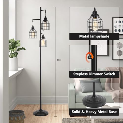 Floor Lamp for Living Room, Farmhouse Industrial Dimmable Floor lamp,3 Lights Metal Cage Tree Standing Lamp,68", 3Pcs Led Bulbs Included
