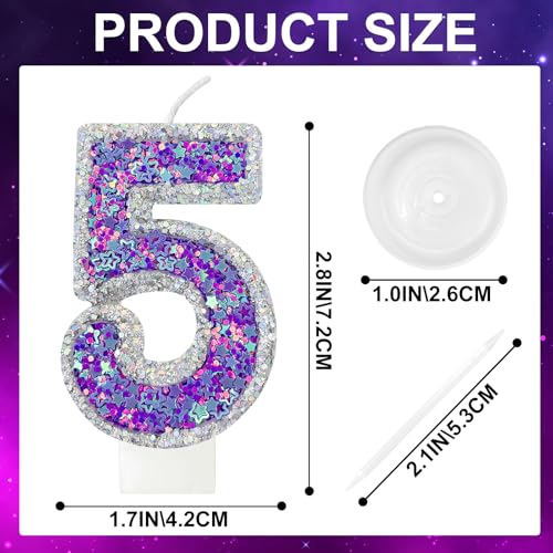 K-pop Number 5 Birthday Candle, Star Glitter Filled Number Candle, Purple Silver Fantasy Cake Topper for Birthday Party Decoration