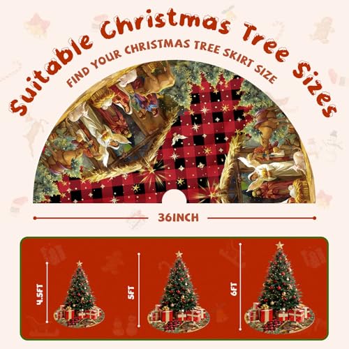Nativity Christmas Tree Skirt 36 Inch, Christmas Skirt Tree Decoration with Buffalo Plaid Nativity, Christmas Trees Mat for Under Trees Holiday Party Indoor Decorations, Winter Gift for Women