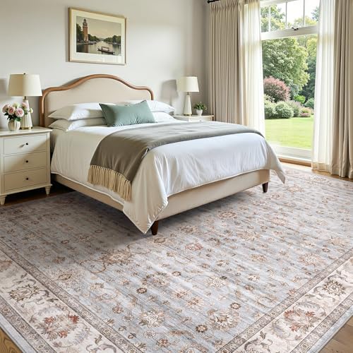 Washable Area Rug 10x12 Non-Slip Floral Carpet, Gray/Light Blue