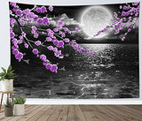 LB Small Full Moon Over Ocean Tapestry Wall Hanging, Purple Japanese Cherry Blossom Wall Tapestry, Fantasy Asian Scenery Wall Art for Bedroom Living Room Dorm Home Decor, 60 x 40 Inches