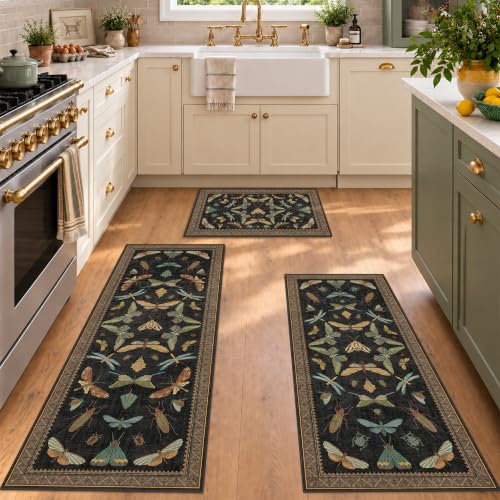 JTJ 3 Piece Kitchen Rug Set with Runner, Washable Vintage Insect, Black