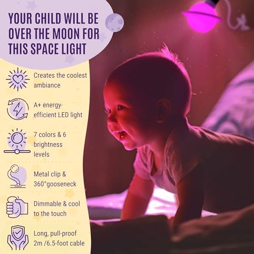 Saturn Clip On Lamp Nightlight for Kids Room - Dimmable Clip On LED Light with Detachable Head - Newborn Night Light for Boys & Girls - Breastfeeding Night Light with 7 Colors & 6 Brightness Levels