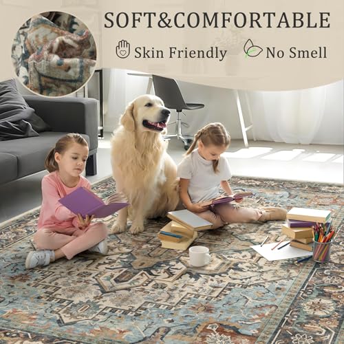 Washable 6x9 Area Rug, Blue Vintage Floral Non-Slip for Living Room Bedroom