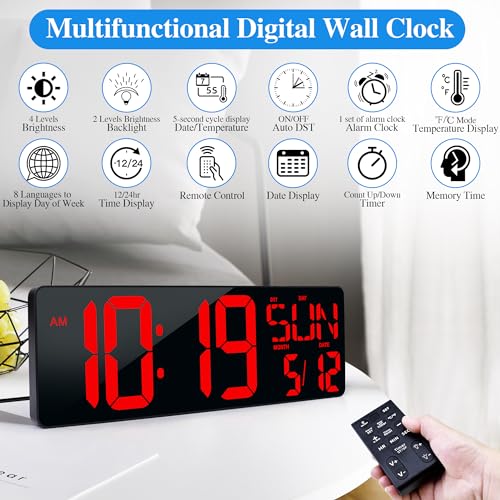 CYMHCHL 17.2" Large Digital Wall Clock Large Display with Remote Control | Timer with Temperature Date Week Auto DST Adjustable Brightness, for Living Room Classroom Garage Gym Gift for Senior Mom Dad