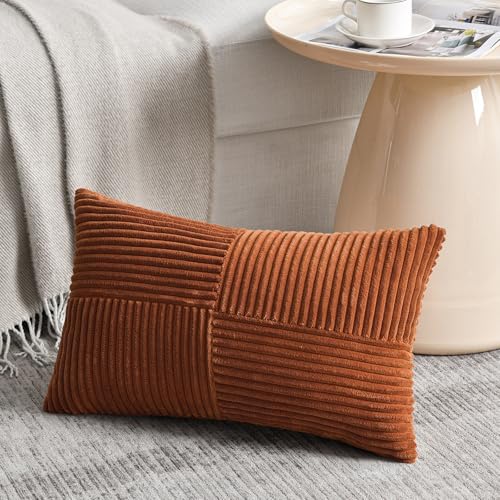 Fancy Homi Rust Lumbar Decorative Throw Pillow Covers 12x20 Inch for Couch Bed Sofa, Rustic Farmhouse Boho Home Decor, Soft Striped Corduroy Rectangle Accent Terracotta Cushion Case 30x50 cm