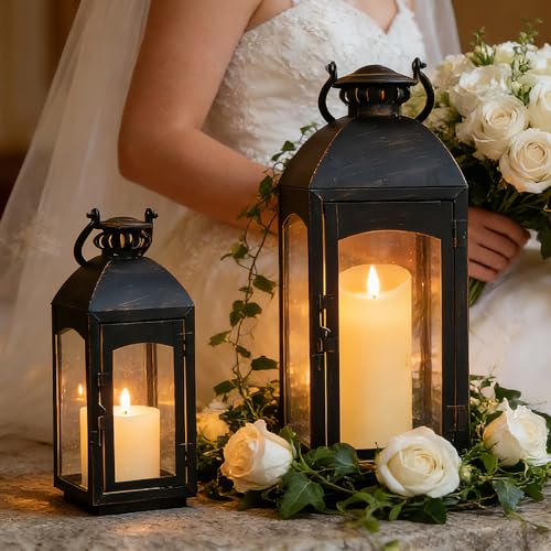 NEEDOMO Lanterns Decorative Indoor&Outdoor, 20''/16''H Set of 2 Outdoor Lanterns for Porch,Metal Frame Candle Holders Hanging Lights with Glass, Spring, Fall, Christmas