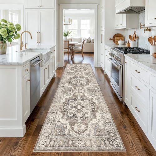 Hallway 3x9 Runner Rug: Non-Slip Washable Boho Kitchen Rugs Entryway Rug Runners Vintage Soft Low Pile Carpet Stain Resistant Floor Mat for Bedroom Bathroom Laundry(Beige/Brown/Grey, 3x9)