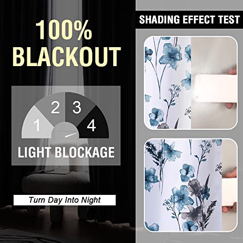 H.VERSAILTEX 100% Blackout Curtains 84 inch Length 2 Panels Set Cattleya Floral Printed Drapes Leah Floral Thermal Curtains for Bedroom with Black Liner Sound Proof Curtains, Grey and Blue