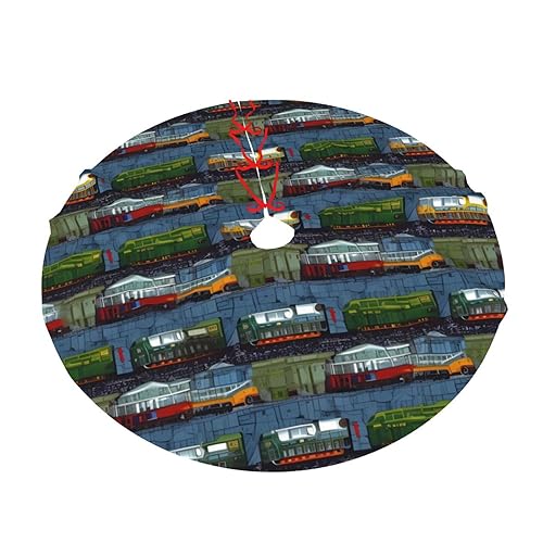 Train Cars Print Christmas Tree Skirt Plush Soft Xmas Tree Mat Christmas Decoration for New Year Holiday Xmas 30"