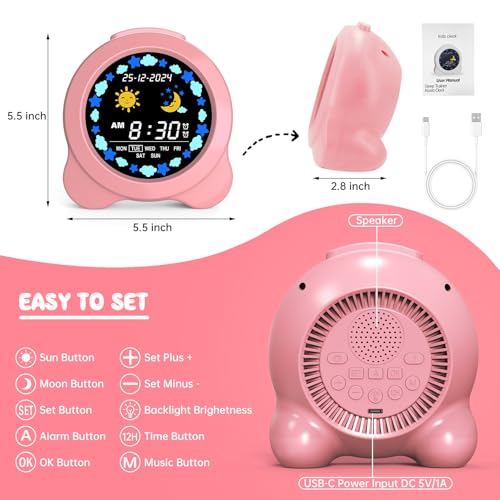 Kids Alarm Clock, Sun & Moon LED Display with Day & Date, Children's Sleep Trainer with Night Light & Sleep Sounds, Cute Wake Up Clock for Kids Bedroom, Easy to Use Birthday Gift for Boy and Girls