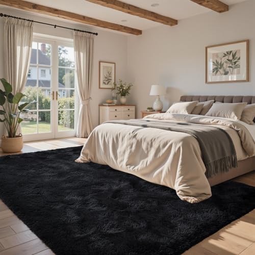 5x7 Black Area Rugs for Living Room, Large Fluffy Shag Bedroom Rugs Non-Slip, Ultra Soft Plush Carpet for Nursery Kids PlayRoom Dorm Office Indoor Modern Carpets
