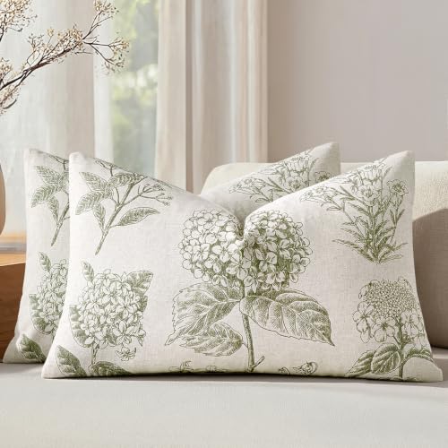 Set of 2 Lumbar Floral Pillow Covers 12x20 Inch Light Green