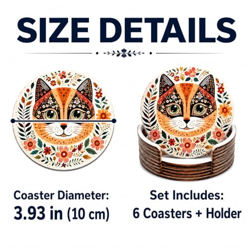 6pcs Vibrant Cat Coasters - 3.93" Floral & Leaf Patterns, Heat-Resistant Plastic Cup Coasters for Home, Bar, Office Use - Hand Washable Cat Decor Accessories