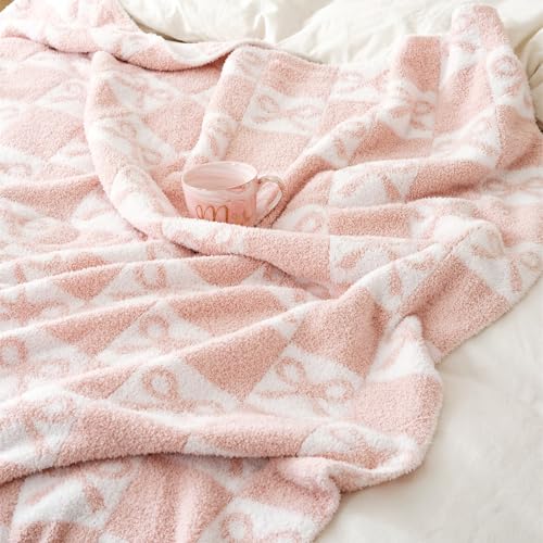YIRUIO Pink Checkered Throw Blanket with Bow Pattern - Ultra Soft Lightweight Microfiber Knit, Plush Fuzzy Cozy Home Decor for Couch Sofa Bed, Reversible All-Season 50x60 Inches
