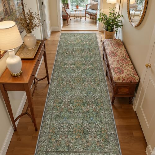 Washable 2'6" x 8' Runner Rug, Floral Green Rug Runner, Dark Green