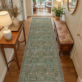 Washable 2'6" x 8' Runner Rug, Floral Green Rug Runner, Dark Green