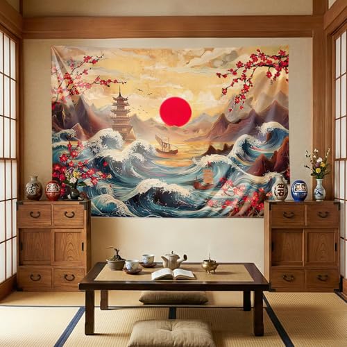 Retro Japanese Tapestry,Vintage Sun Mountain Aesthetic Landscape Tapestry Wall Hanging, Japanese Ocean Wave Sunset Landscape Wall Art, Cherry Blossom Tapestries for Bedroom Living Room 60"x 40"